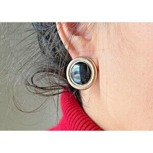 vtg 80s black button pierced statement earrings gold‎ tone roped circle studs